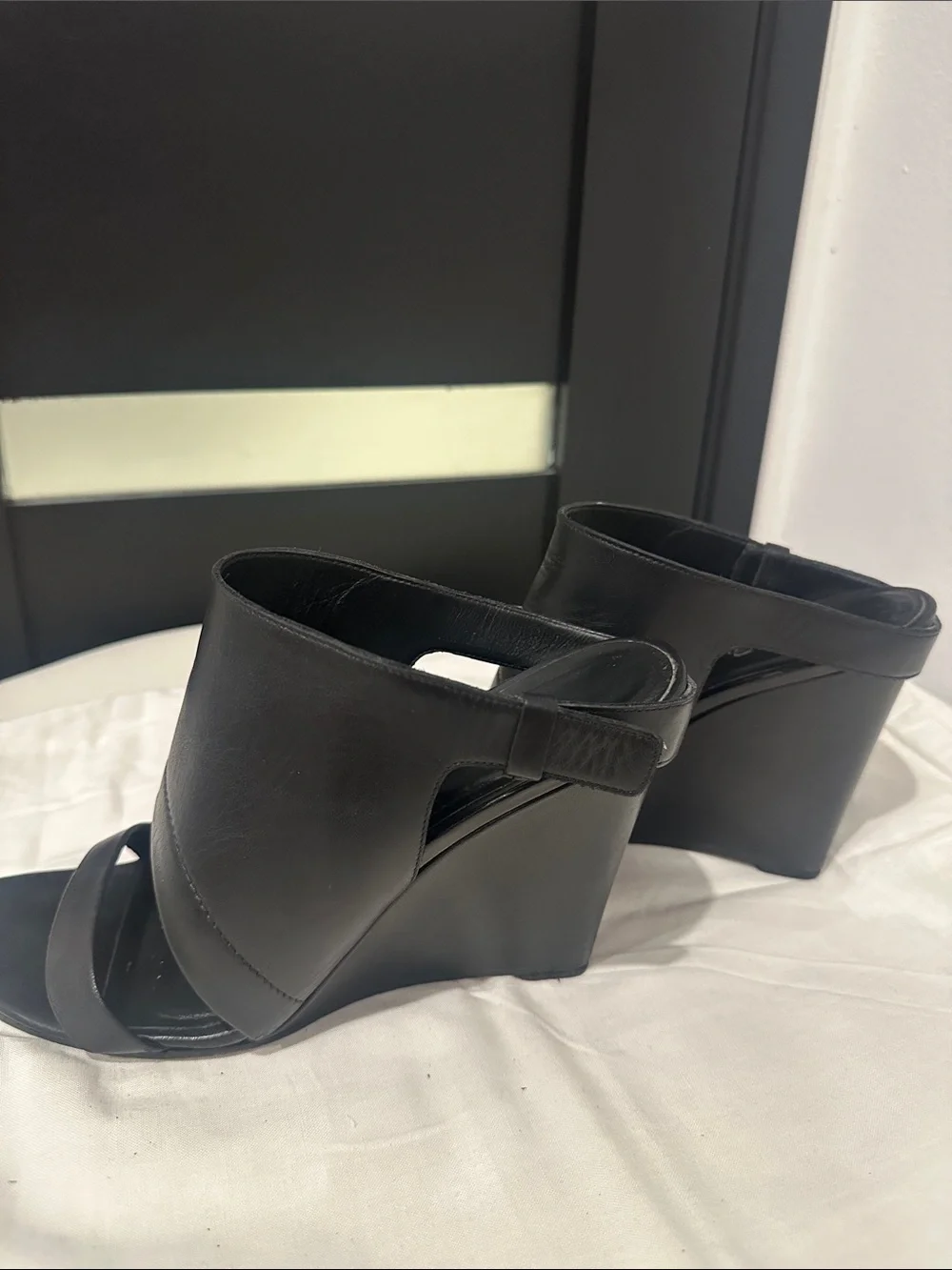 Vince Black Leather Wedge Sandals with Slingback